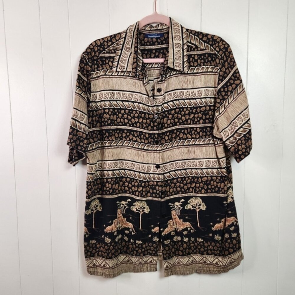 Vintage Loose Flowy Animal Print Button Down Short Sleeve Shirt Boxy 1X 90s